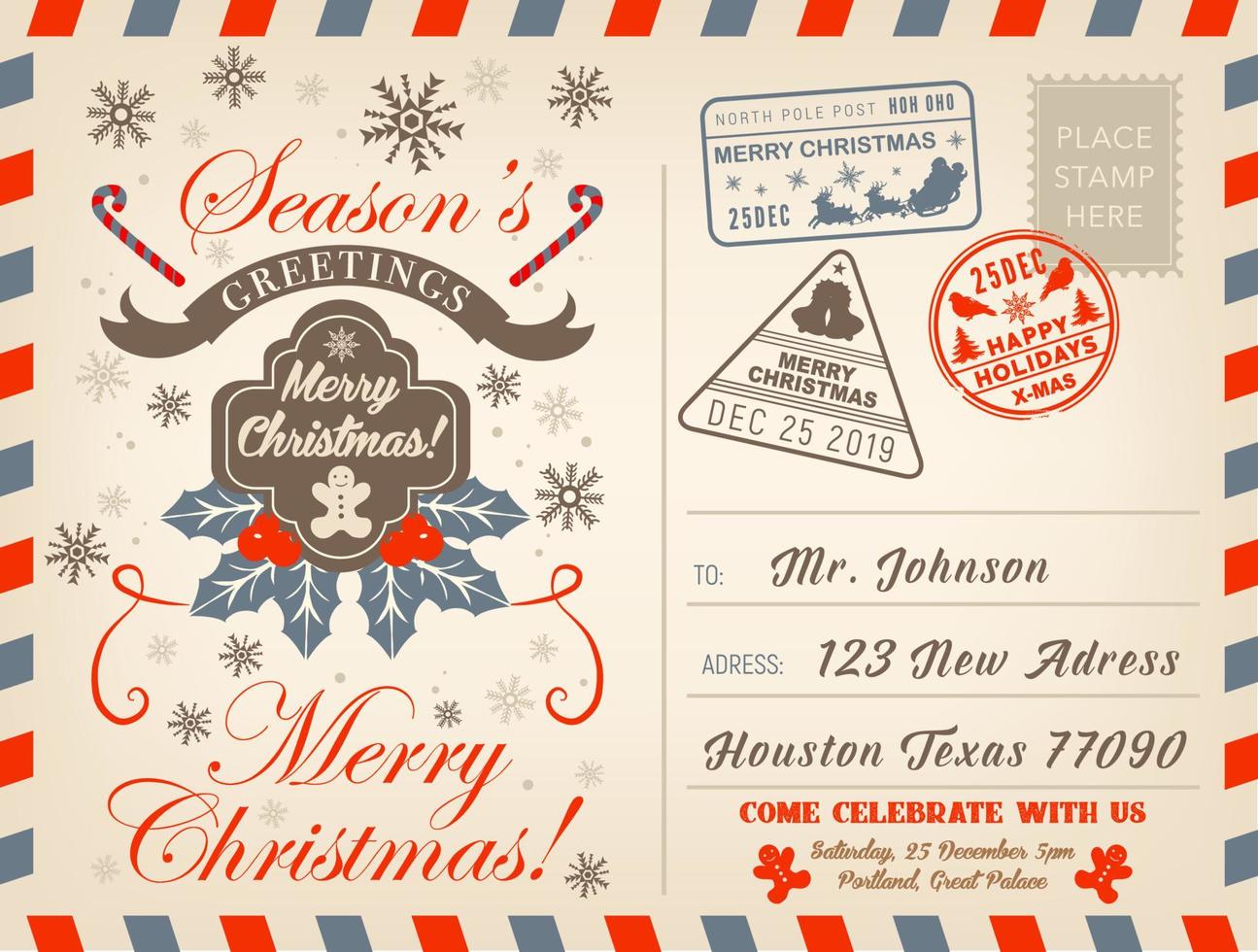 Weihnachtsfeiertags-Luftpostpostkarte, Grußkarte vektor