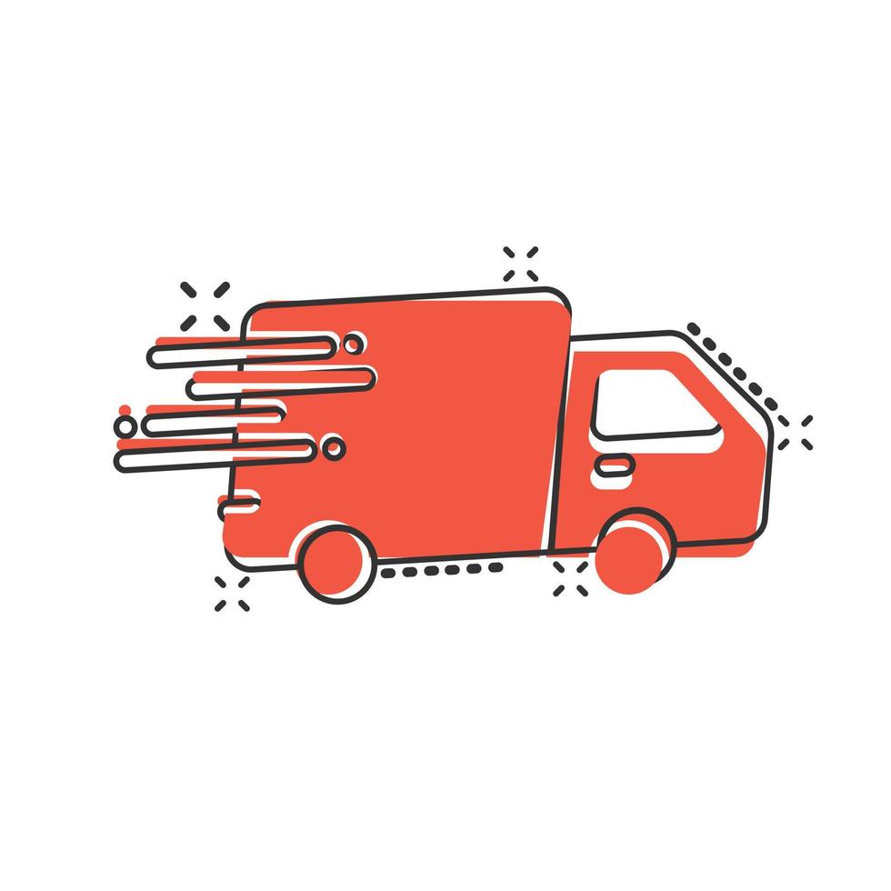 frakt snabb ikon i komisk stil. leverans lastbil tecknad serie vektor illustration på isolerat bakgrund. uttrycka logistisk stänk effekt tecken företag begrepp.