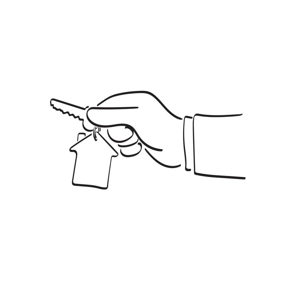 linje konst närbild hand av affärsman innehav hus nyckel illustration vektor hand dragen isolerat på vit bakgrund