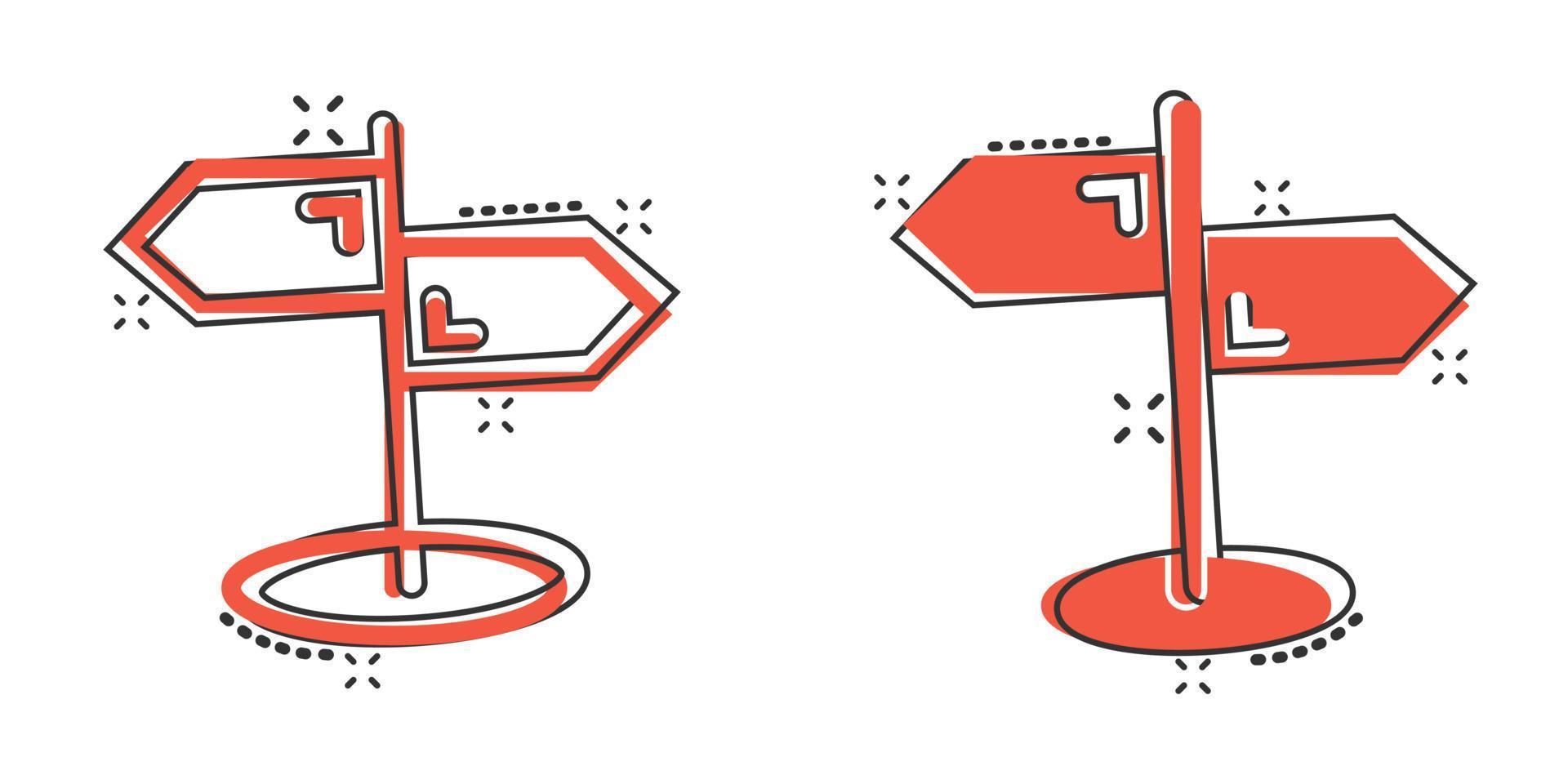 Kreuzung Wegweiser-Symbol im Comic-Stil. Straßenrichtungskarikatur-Vektorillustration auf weißem lokalisiertem Hintergrund. roadsign Splash-Effekt-Geschäftskonzept. vektor