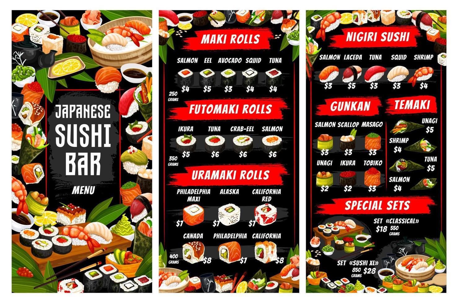 japansk kök meny, vektor sushi och rullar