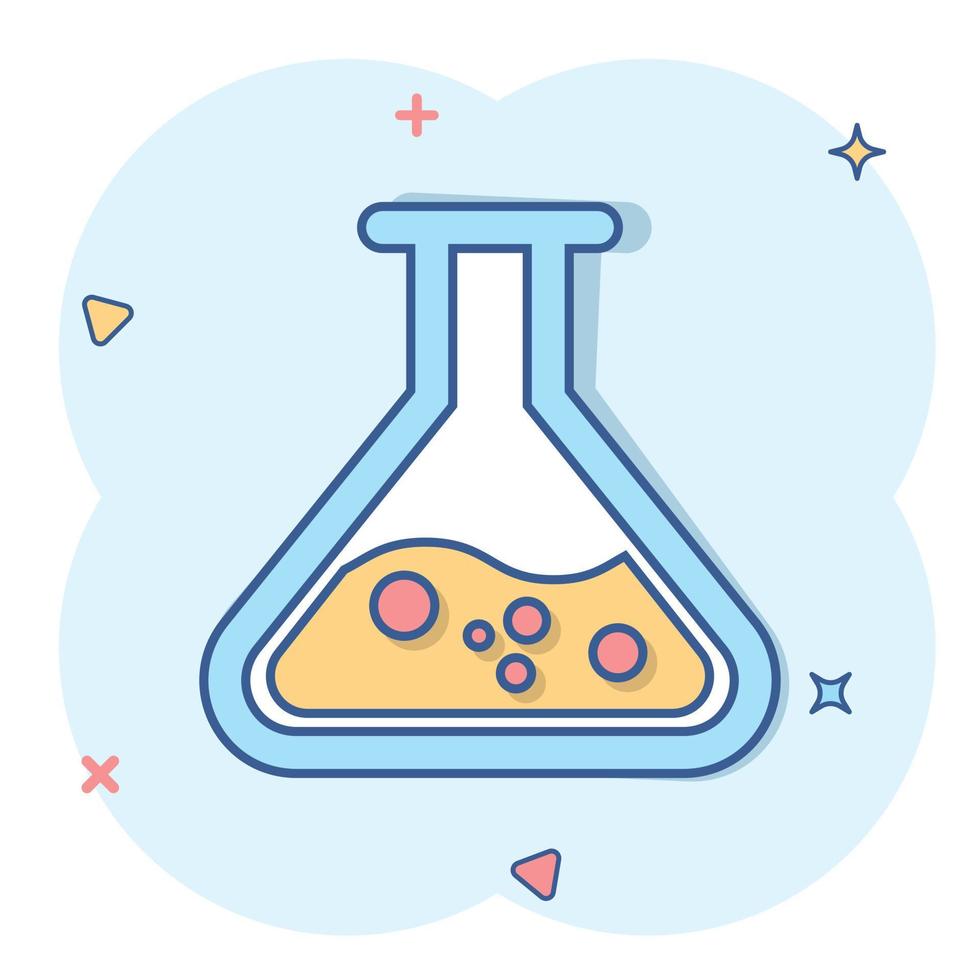 kemi bägare tecken ikon i komisk stil. flaska testa rör vektor tecknad serie illustration på vit isolerat bakgrund. alkemi företag begrepp stänk effekt.