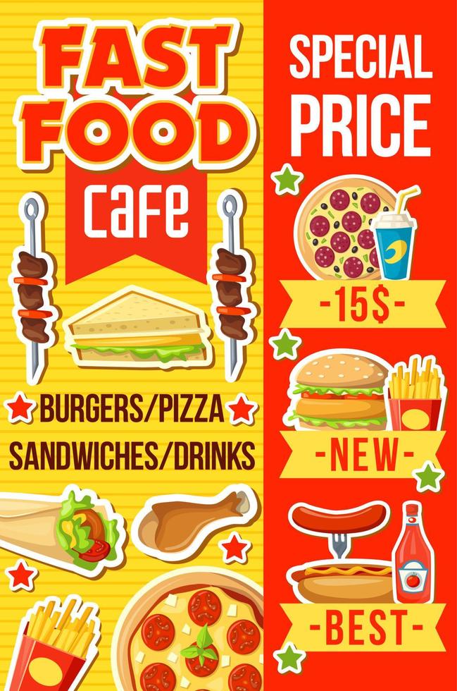 Café-Menü mit Fast-Food-Mahlzeiten und Getränken vektor