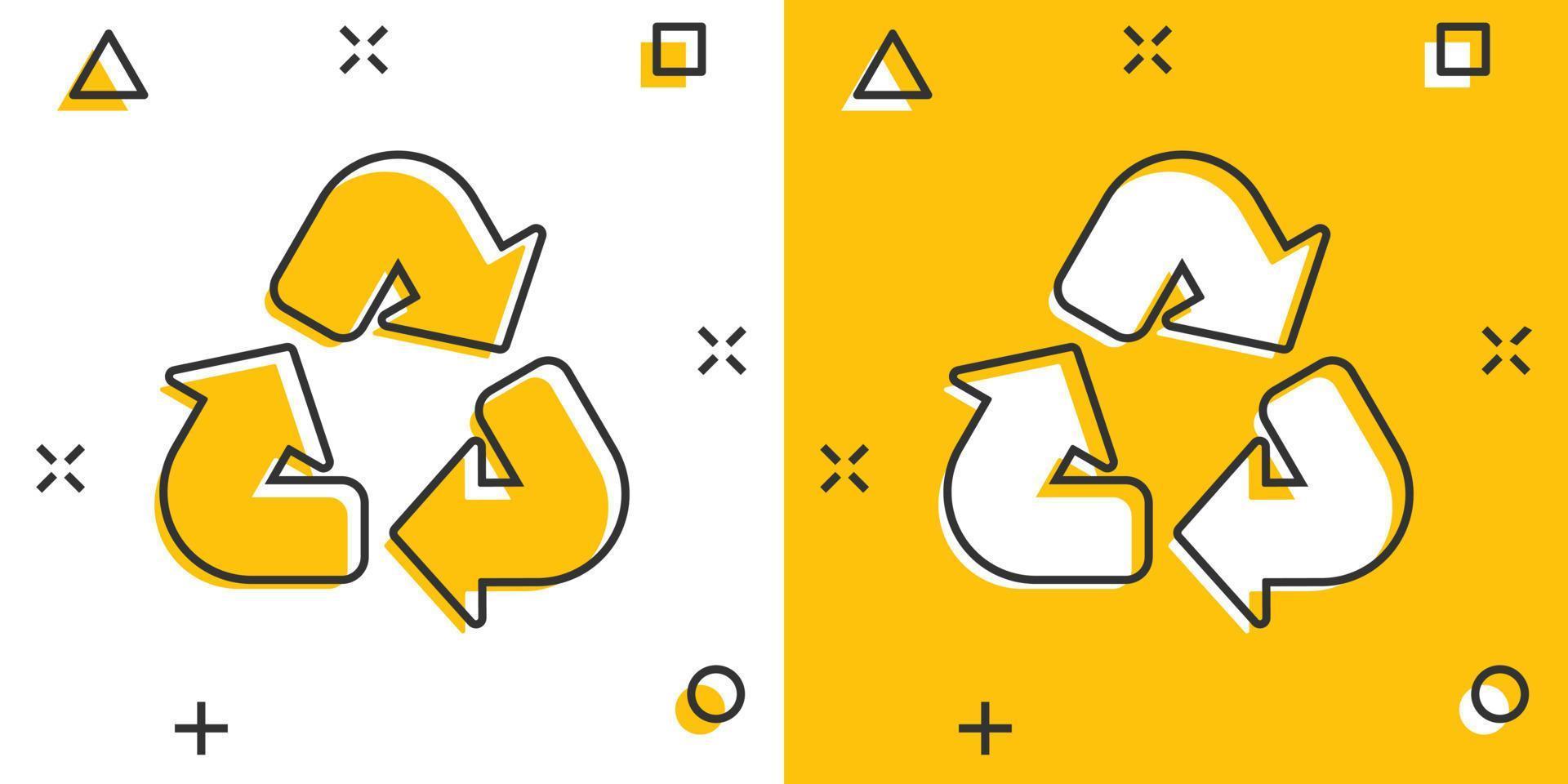 Recycling-Symbol im Comic-Stil. Cartoon-Vektorillustration auf weißem, isoliertem Hintergrund wiederverwenden. Recycling-Splash-Effekt-Zeichen-Geschäftskonzept. vektor