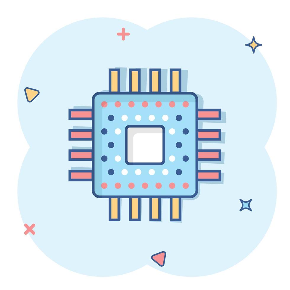 Computer-CPU-Symbol im Comic-Stil. Leiterplatte Cartoon-Vektor-Illustration auf weißem Hintergrund isoliert. Motherboard-Chip-Splash-Effekt-Geschäftskonzept. vektor