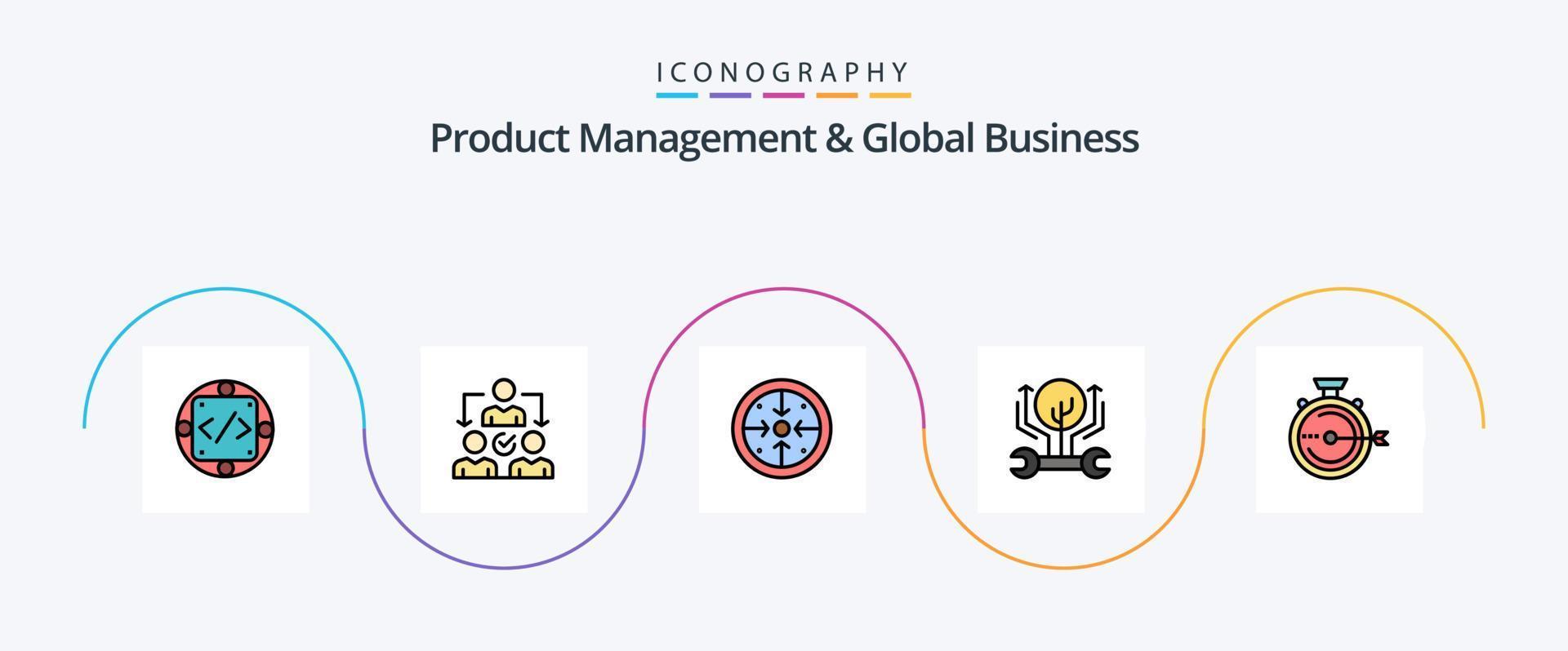 produkt managment och global företag linje fylld platt 5 ikon packa Inklusive hacka. teknik. distribution. utveckling. drift vektor