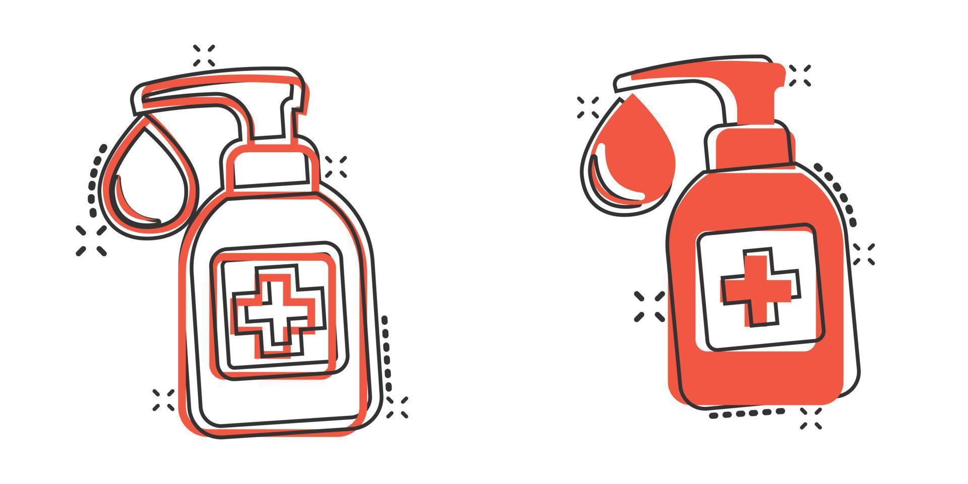hand desinfektionsmedel ikon i komisk stil. antiseptisk flaska tecknad serie vektor illustration på isolerat bakgrund. desinficera gel stänk effekt tecken företag begrepp.