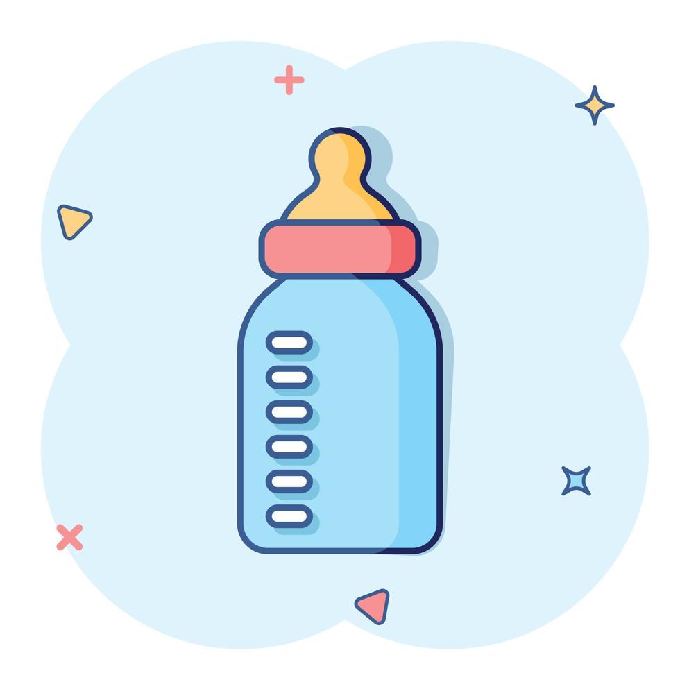 Babyflaschen-Symbol im Comic-Stil. Milchbehälter Cartoon-Vektor-Illustration auf weißem Hintergrund isoliert. Geschäftskonzept mit Glas-Splash-Effekt. vektor