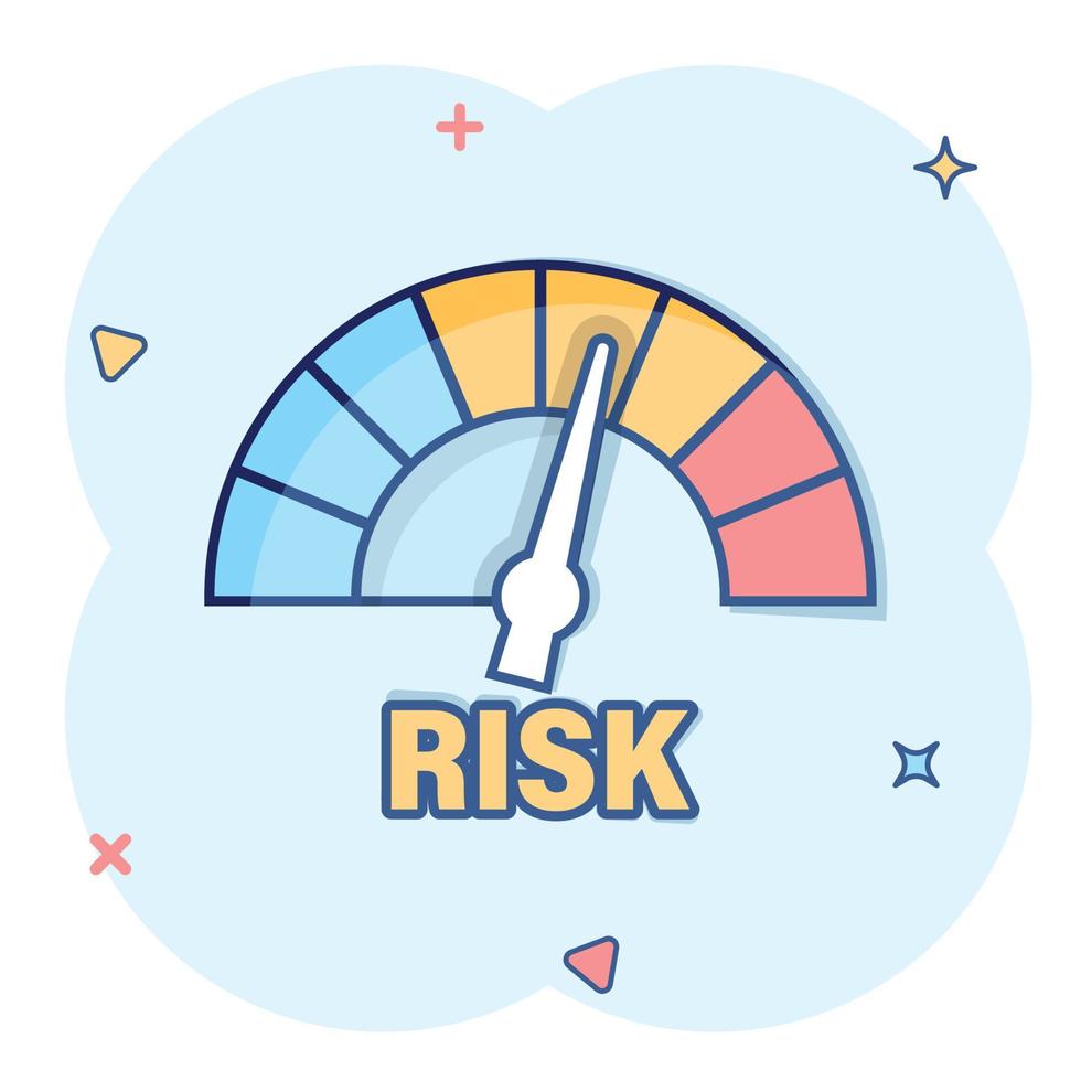 risk meter ikon i komisk stil. betyg indikator tecknad serie vektor illustration på vit isolerat bakgrund. bränsle nivå tecken stänk effekt företag begrepp.