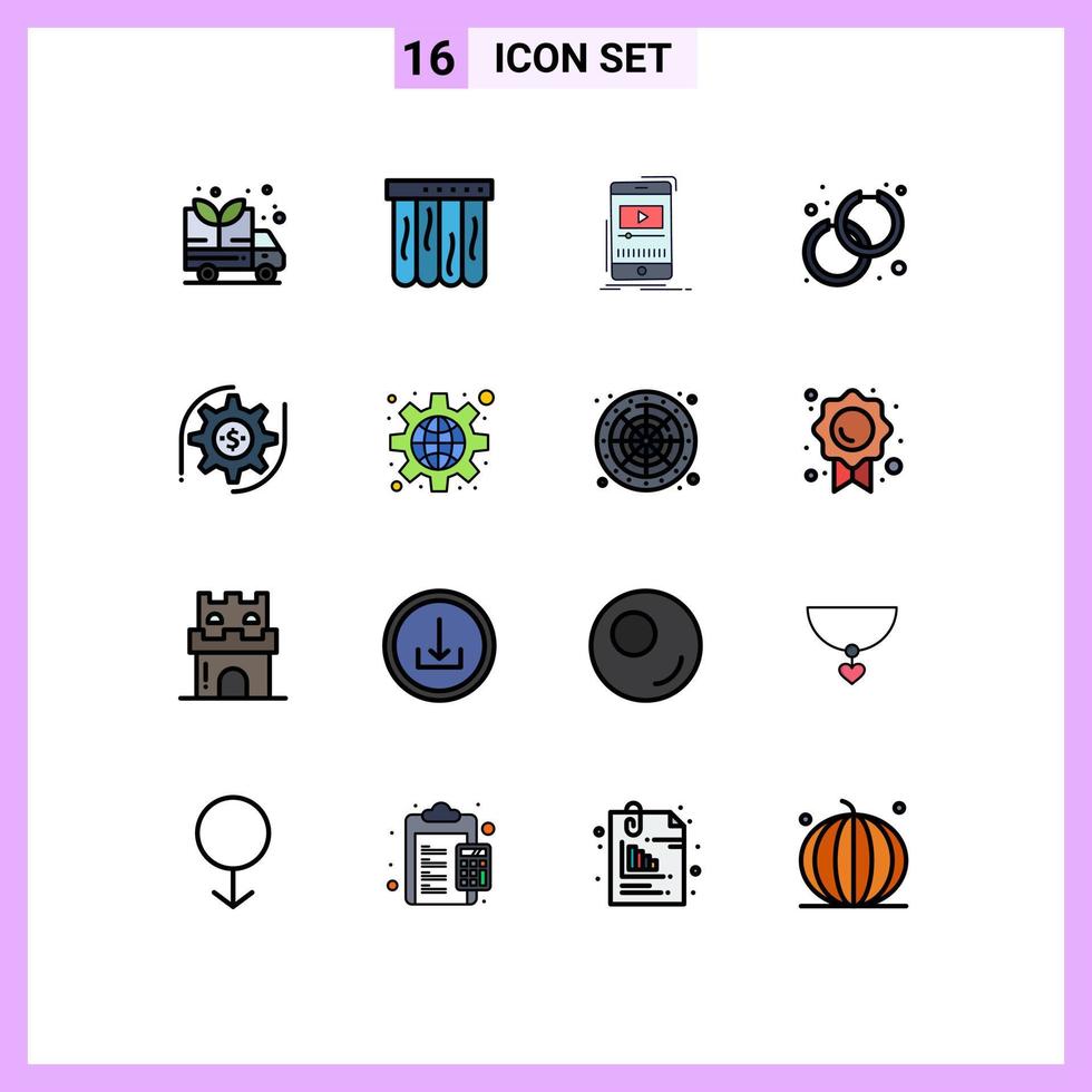 Flache, farbgefüllte Linienpackung mit 16 universellen Symbolen von Dollar-Ausrüstungsspieler-Mode-Accessoires, editierbare kreative Vektordesign-Elemente vektor