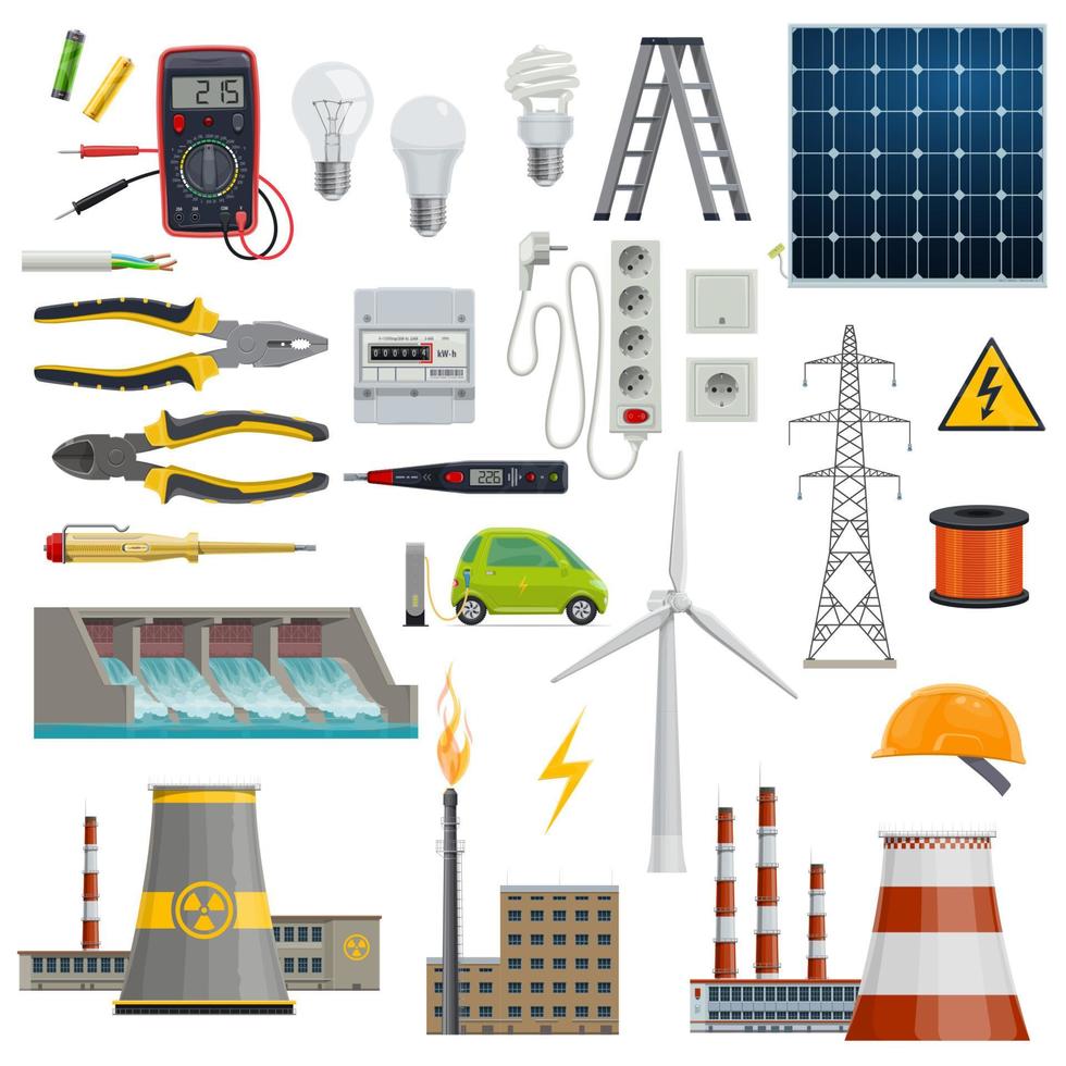 elektricitet, energi och kraft industri ikoner vektor