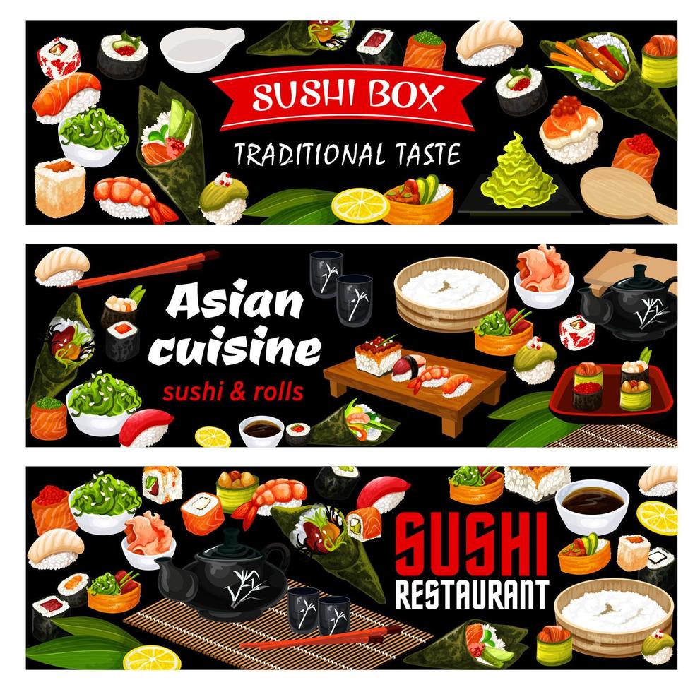 asiatisk sushi rullar mat, japansk skaldjur kök vektor