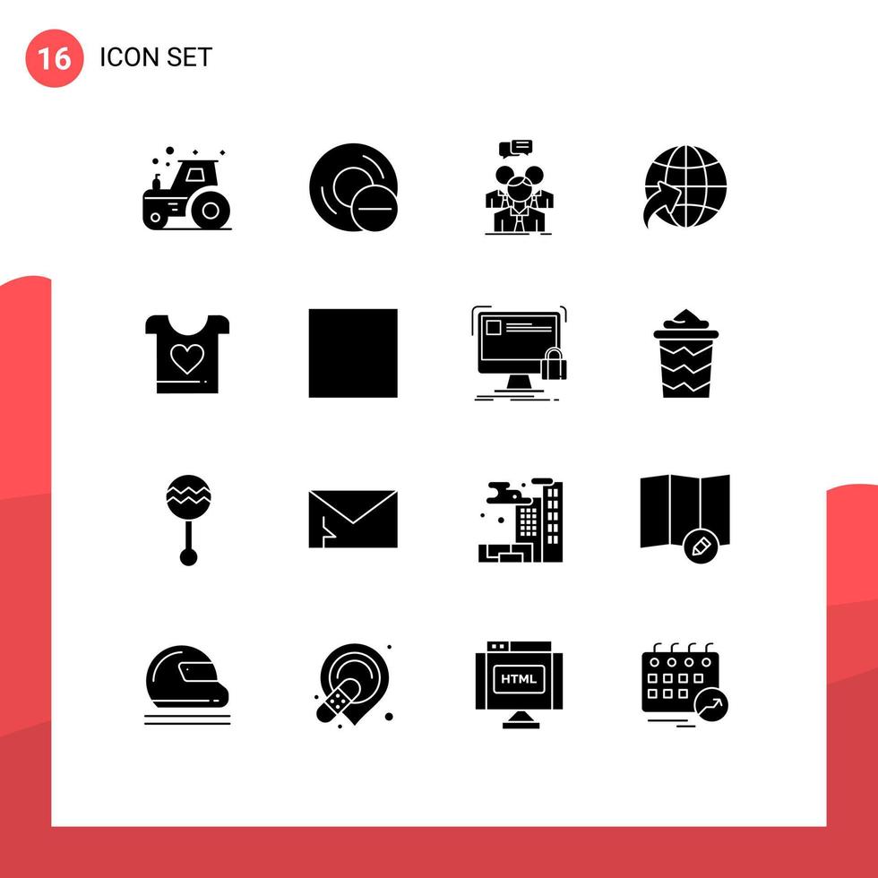 moderner Satz von 16 soliden Glyphen und Symbolen wie Kleidung Globus Hardware Pfeil Menschen editierbare Vektordesign-Elemente vektor