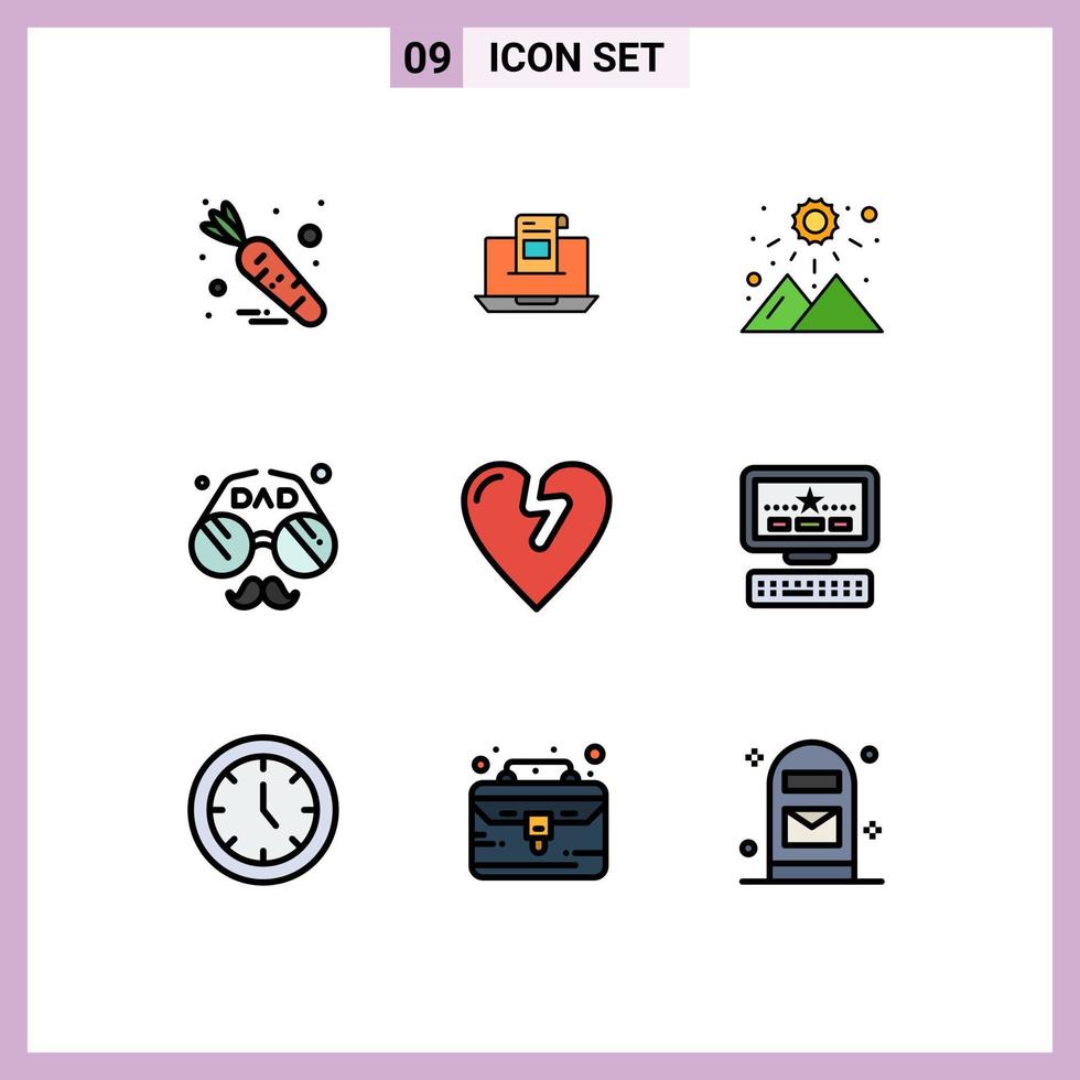 Stock Vector Icon Pack mit 9 Zeilen Zeichen und Symbolen für Gesichtszubehör Brief Berg Sonnenuntergang editierbare Vektordesign-Elemente