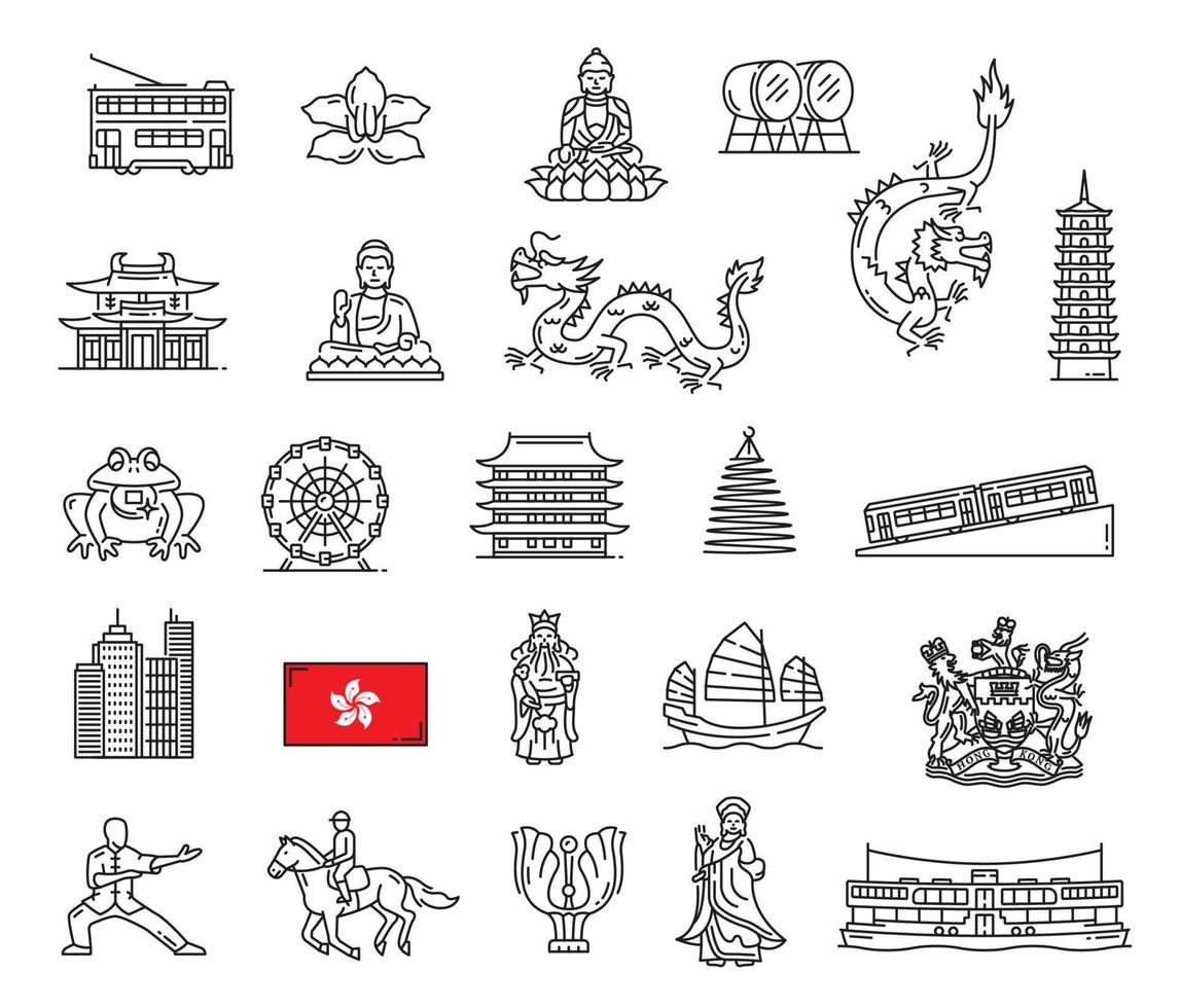 Symbole für Wahrzeichen und Reiseumrisse von Hongkong vektor