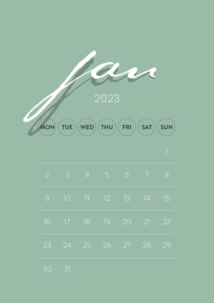 kreativ minimal företag en gång i månaden 2023 kalender mall vektor. skrivbord, vägg kalender för skriva ut, digital kalender eller planerare. vecka Start på måndag. enkel modern årlig kalender layout design. januari. vektor