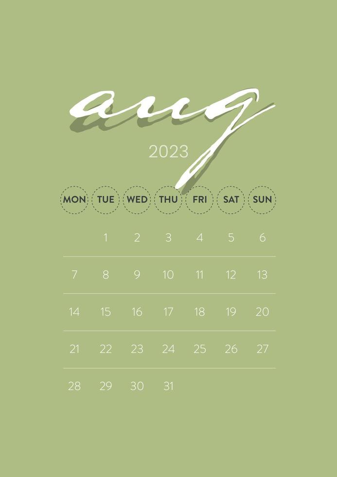 kreativ minimal företag en gång i månaden 2023 kalender mall vektor. skrivbord, vägg kalender för skriva ut, digital kalender eller planerare. vecka Start på måndag. enkel modern årlig kalender layout design. augusti vektor