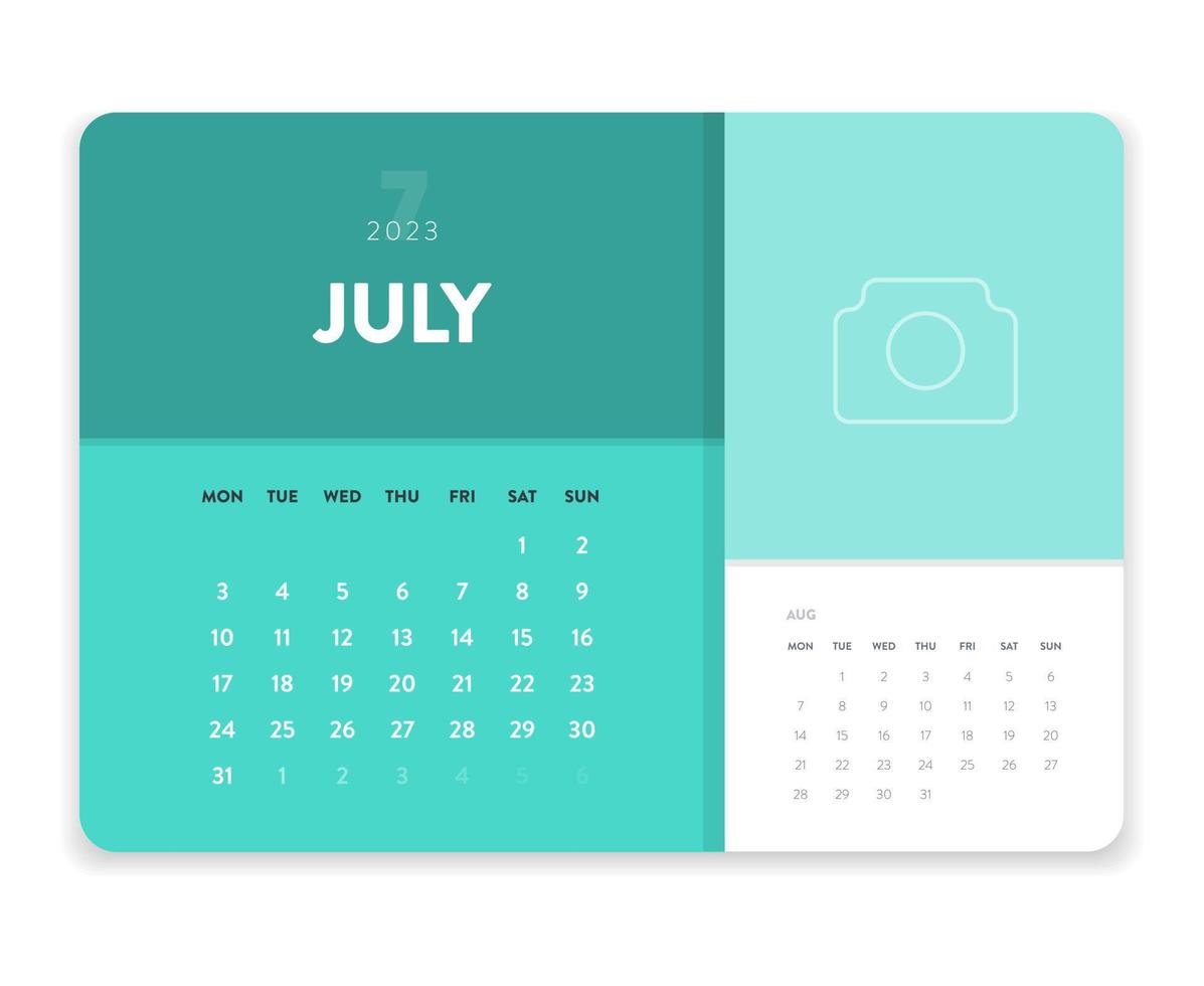 kreativer minimaler monatlicher Kalendervorlagenvektor für das Geschäft 2023. Schreibtisch, Wandkalender zum Ausdrucken, digitaler Kalender oder Planer. Woche beginnt am Montag. einfaches modernes Jahreskalender-Layout-Design. Juli. vektor