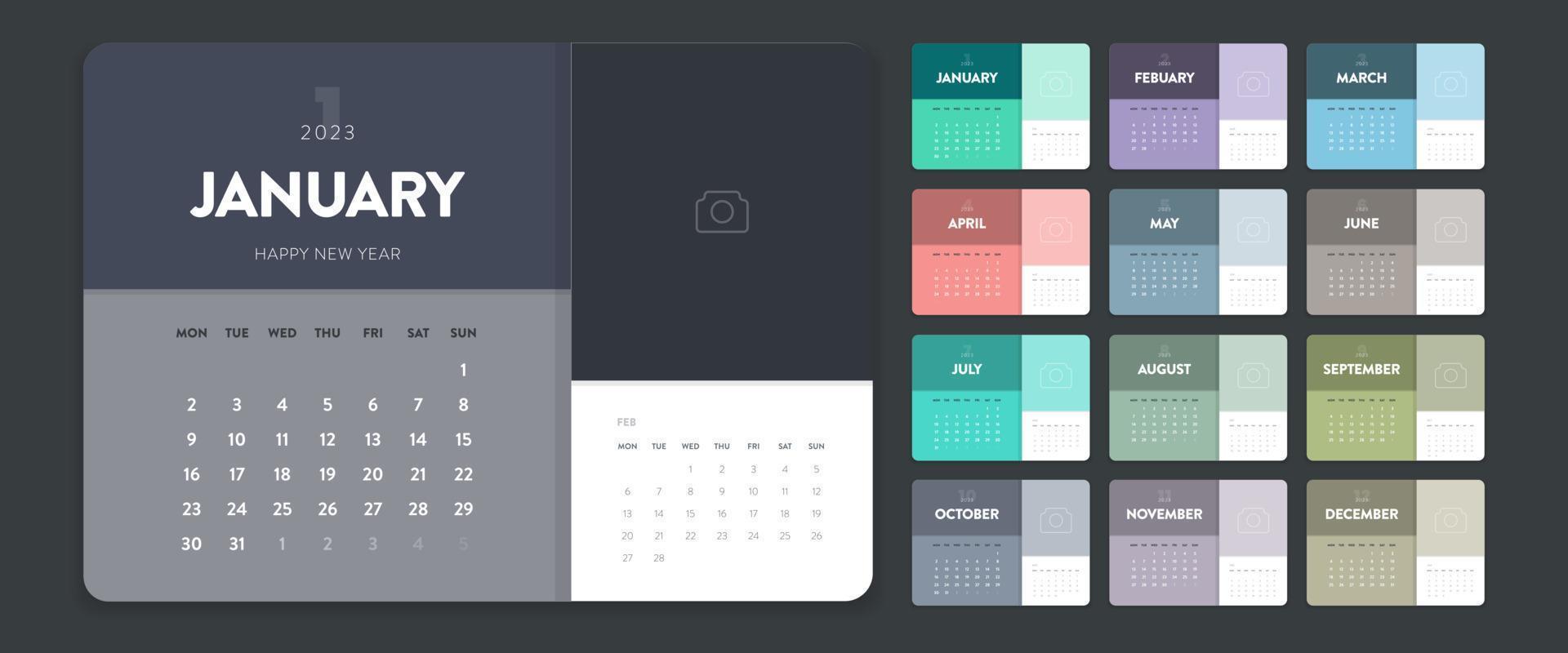 kreativ minimal företag en gång i månaden 2023 kalender mall vektor. skrivbord, vägg kalender för skriva ut, digital kalender eller planerare. vecka Start på måndag. enkel modern årlig kalender layout design element. vektor