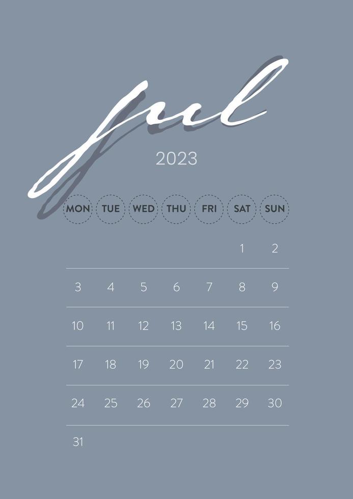 kreativ minimal företag en gång i månaden 2023 kalender mall vektor. skrivbord, vägg kalender för skriva ut, digital kalender eller planerare. vecka Start på måndag. enkel modern årlig kalender layout design. juli. vektor