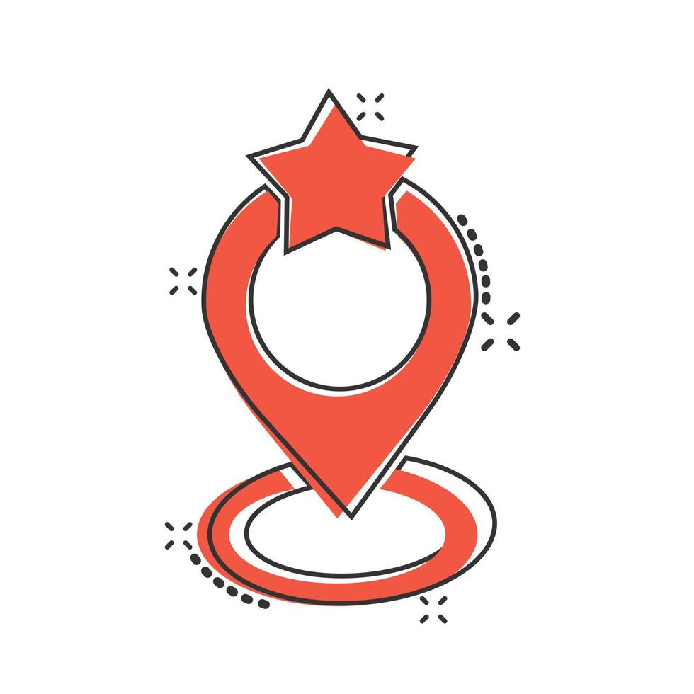 Karte-Pin-Symbol im Comic-Stil. gps-navigationskarikatur-vektorillustration auf weißem lokalisiertem hintergrund. Lokalisieren Sie Position Splash-Effekt-Geschäftskonzept. vektor