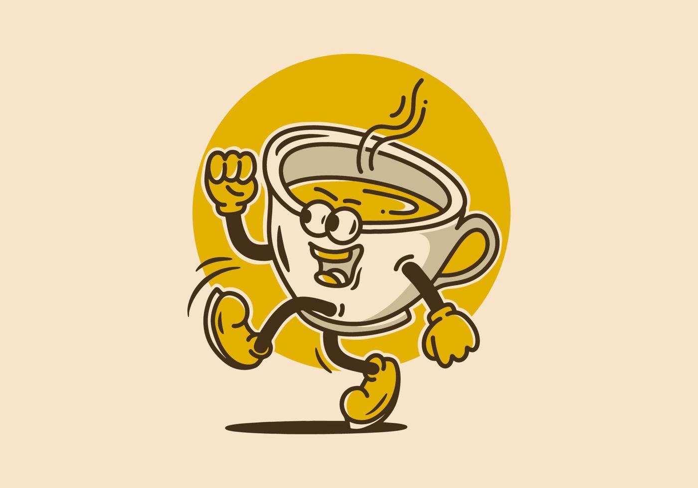 illustration design av en kopp av kaffe med fötter och händer och en glad ansikte vektor