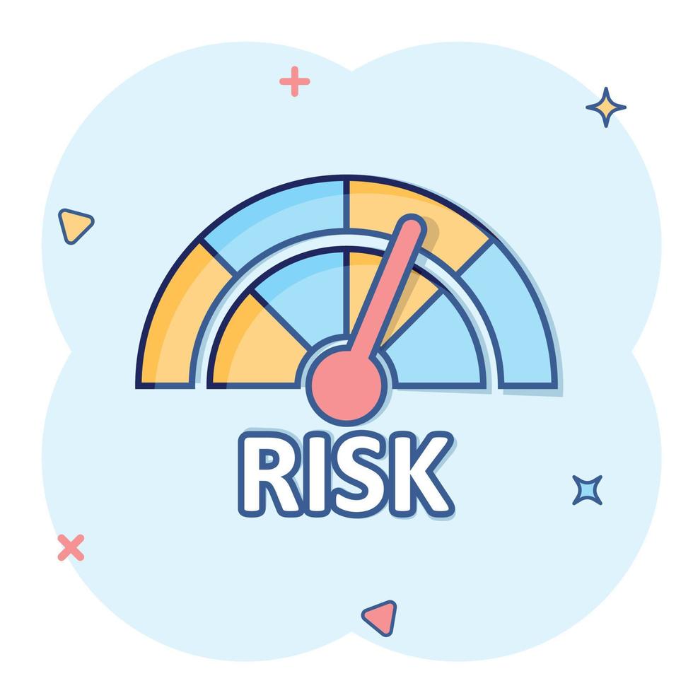 risk meter ikon i komisk stil. betyg indikator tecknad serie vektor illustration på vit isolerat bakgrund. bränsle nivå tecken stänk effekt företag begrepp.