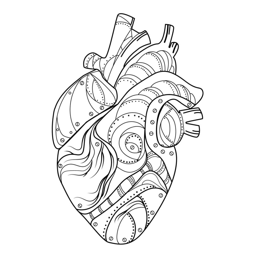 abstrakt mekanisk mänsklig hjärta i steampunk stil linje konst teckning vektor illustration.surrealist stiliserade mänsklig hjärta svart och vit skiss ritning.emblem, kort, logotyp, tryck, tatuering design