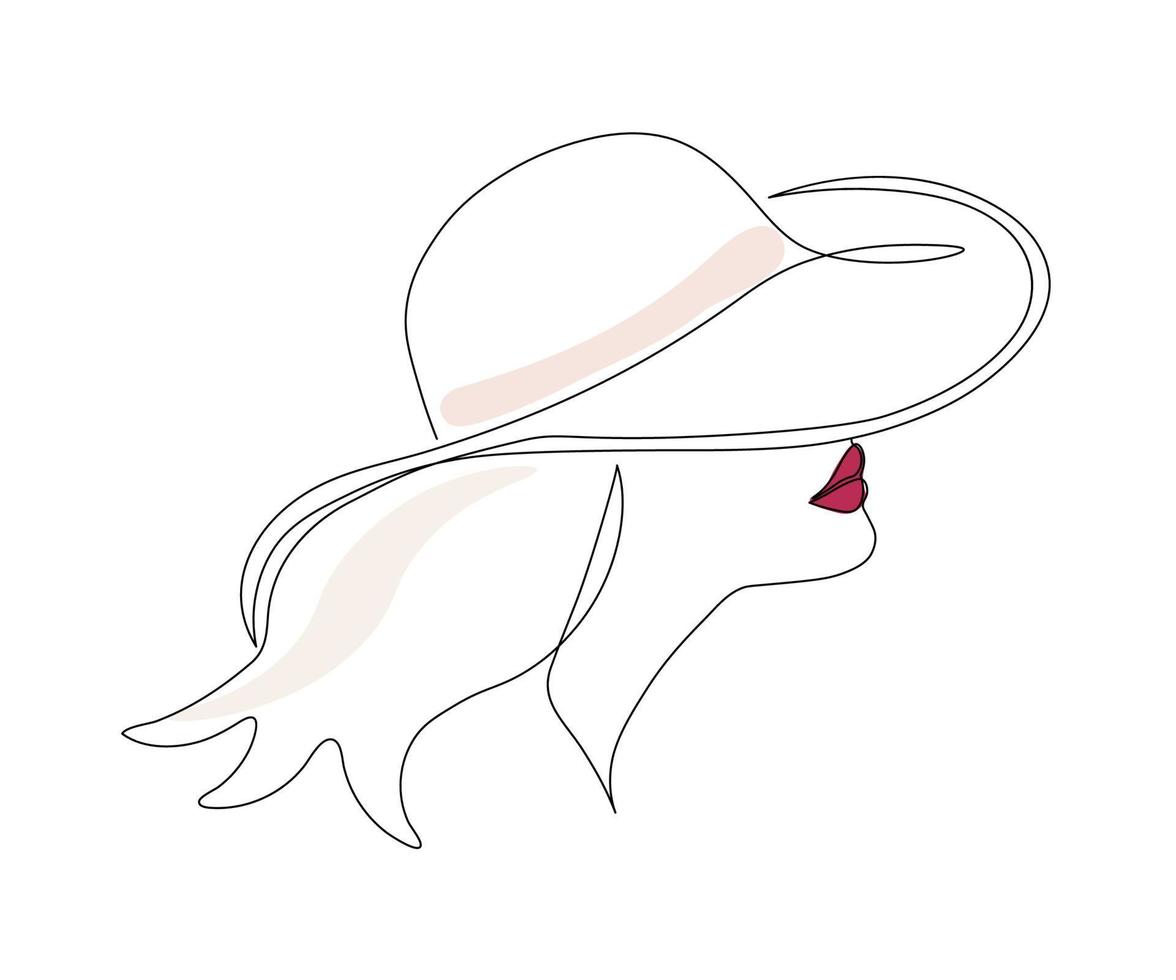 porträtt av en kvinna i en hatt dragen förbi en monolin, ett linje konst, kontur. logotyp av en kvinna vektor