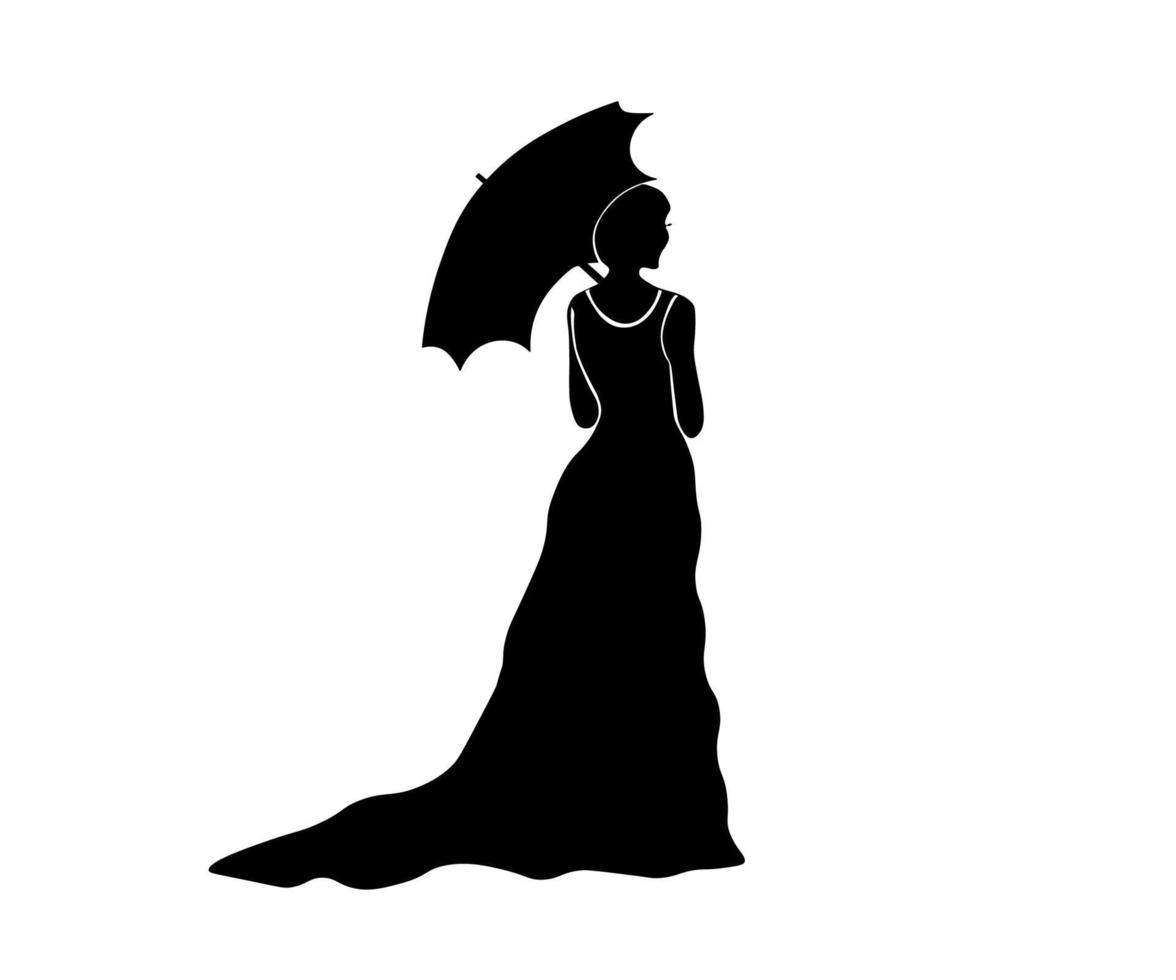 Schwarz-Weiß-Logo, Silhouette einer Frau in einem langen Vintage-Kleid mit einem Regenschirm vor der Sonne vektor