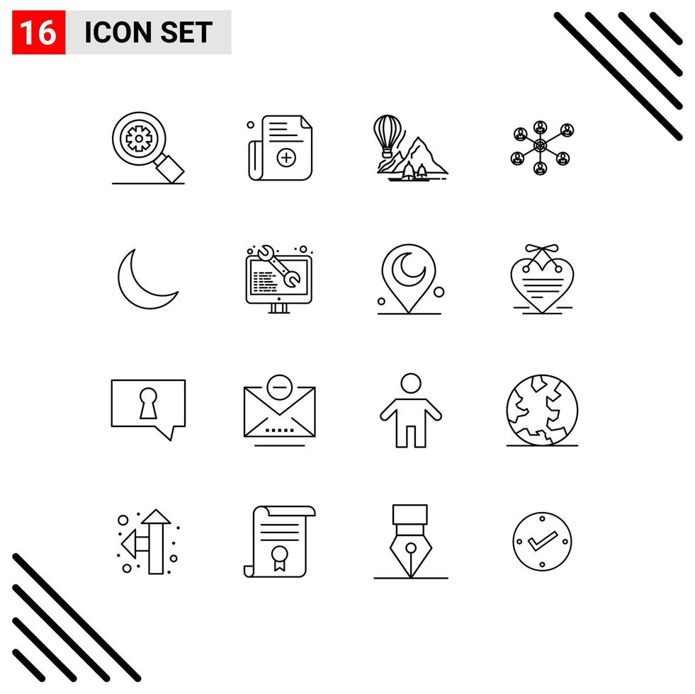 Stock Vector Icon Pack mit 16 Linienzeichen und Symbolen für Nachtgruppenreisen Social Wlan editierbare Vektordesign-Elemente