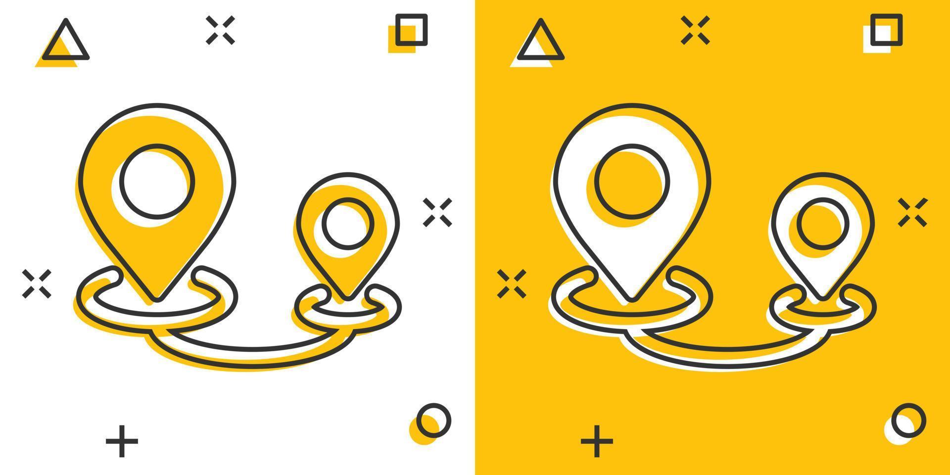 Karte-Pin-Symbol im Comic-Stil. gps-navigationskarikatur-vektorillustration auf weißem lokalisiertem hintergrund. Lokalisieren Sie Position Splash-Effekt-Geschäftskonzept. vektor