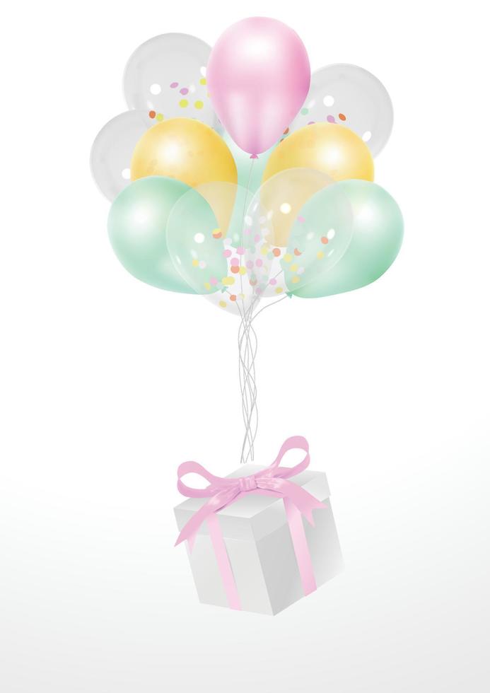 realistische bunte 3d-luftballons mit einer geschenkbox vektor