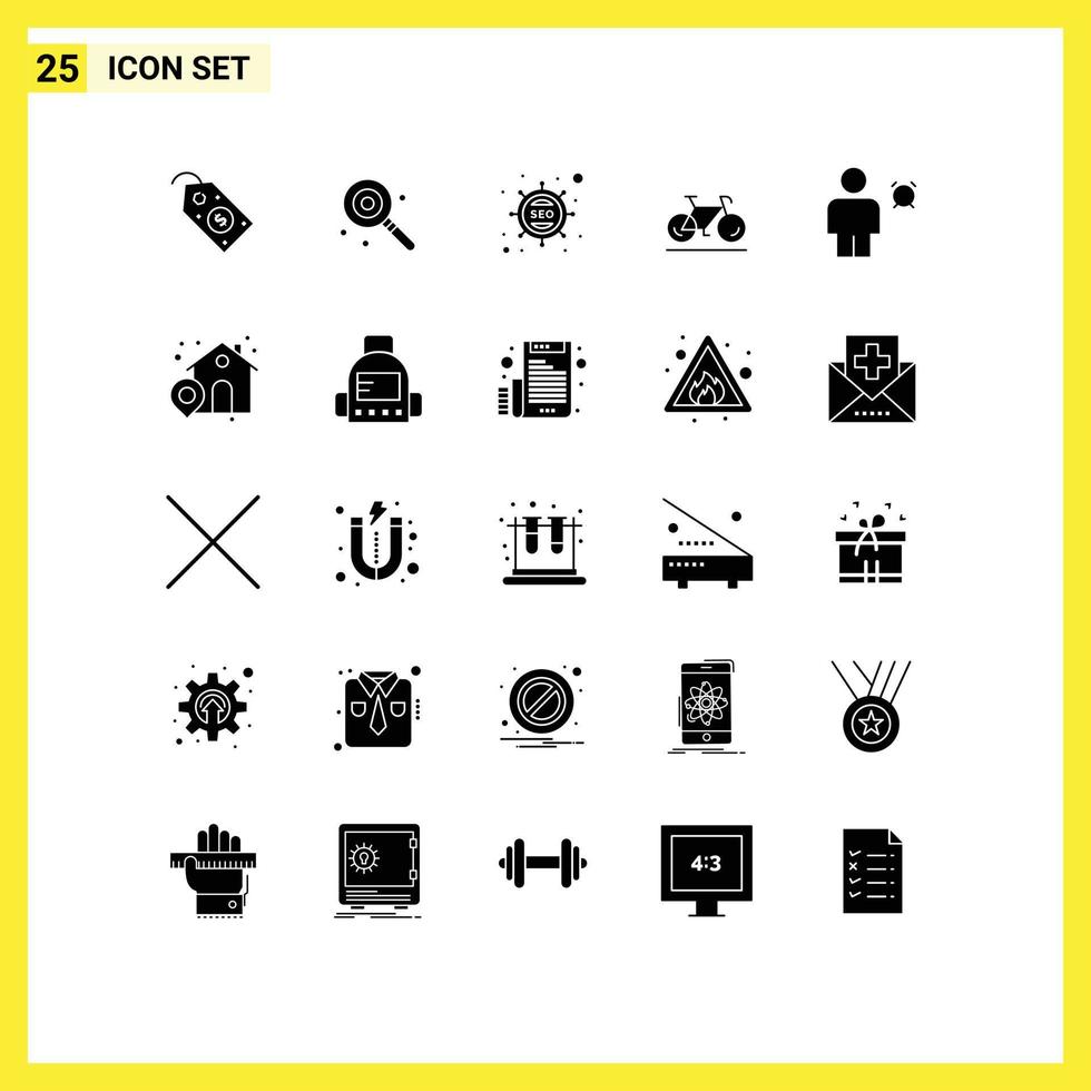 Gruppe von 25 soliden Glyphenzeichen und Symbolen für Avatar-Sportmarketing-Spaziergang Fahrrad editierbare Vektordesign-Elemente vektor