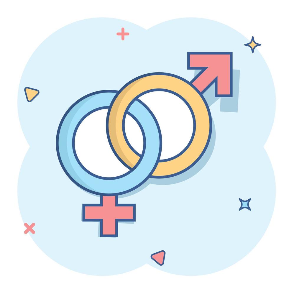 Vektor-Cartoon-Gender-Symbol im Comic-Stil. Männer und Frauen unterzeichnen Illustrationspiktogramm. Sex-Business-Splash-Effekt-Konzept. vektor