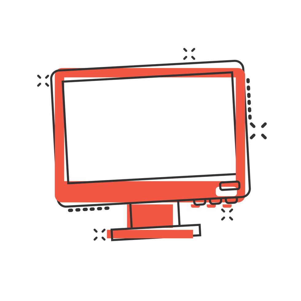 Personal Computer im Comic-Stil. Desktop-PC-Cartoon-Vektorillustration auf isoliertem Hintergrund. monitor display splash effekt zeichen geschäftskonzept. vektor