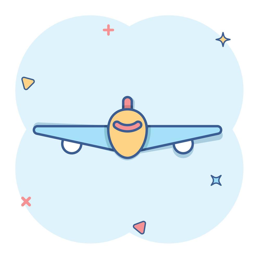 Flugzeug-Symbol im Comic-Stil. Flugzeugkarikatur-Vektorillustration auf weißem lokalisiertem Hintergrund. Geschäftskonzept mit Splash-Effekt für Fluglinienflugzeuge. vektor