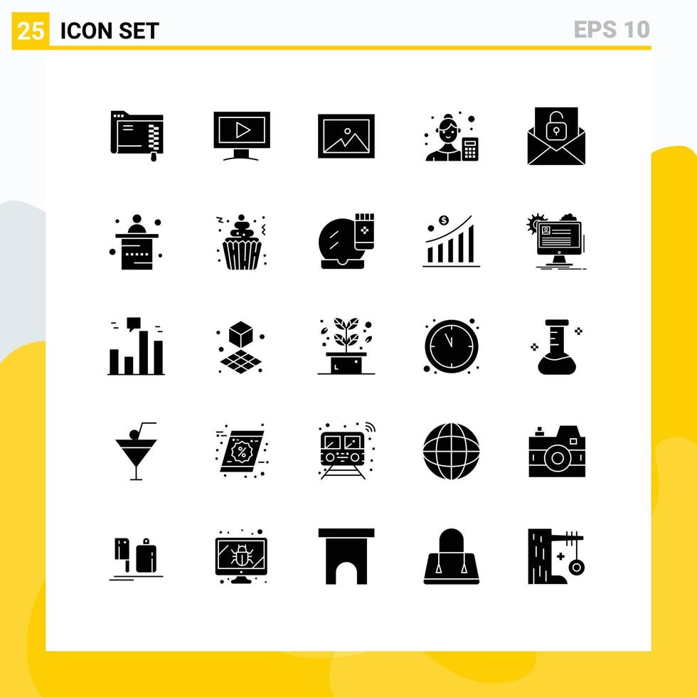 25 universell fast glyfer uppsättning för webb och mobil tillämpningar kuvert kommunikation bild data forskare analysator redigerbar vektor design element