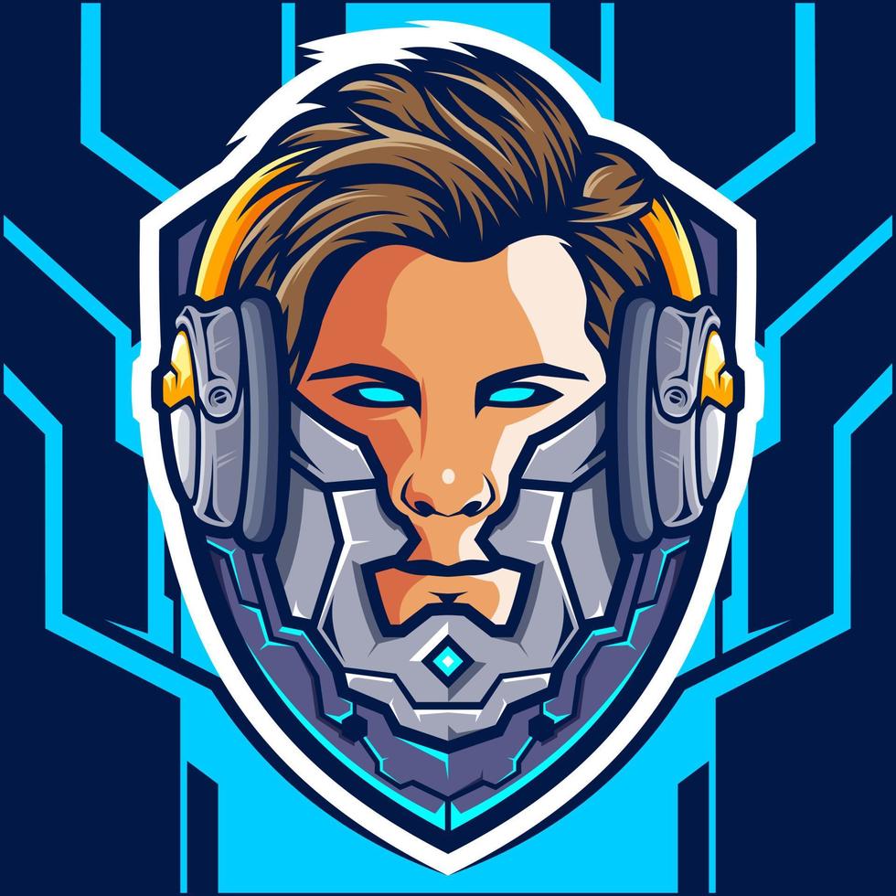 huvud cyborg gamer esport logotyp design vektor