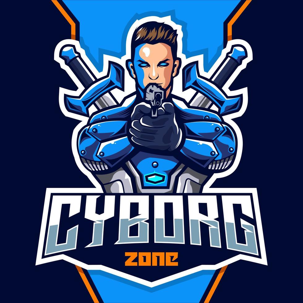 cyborg med pistol maskot esport logotyp design vektor