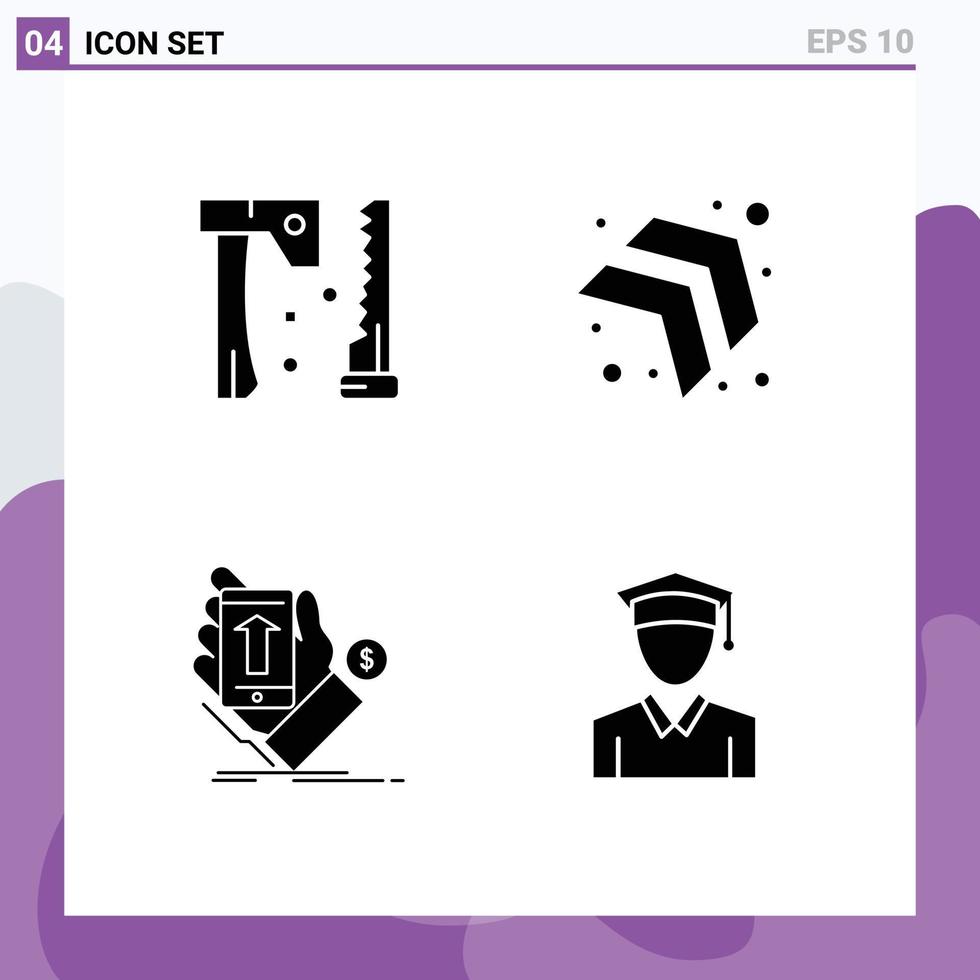 solides Glyphenpaket mit 4 universellen Symbolen für Axt-Einkaufswerkzeuge, rechte Währung, editierbare Vektordesign-Elemente vektor