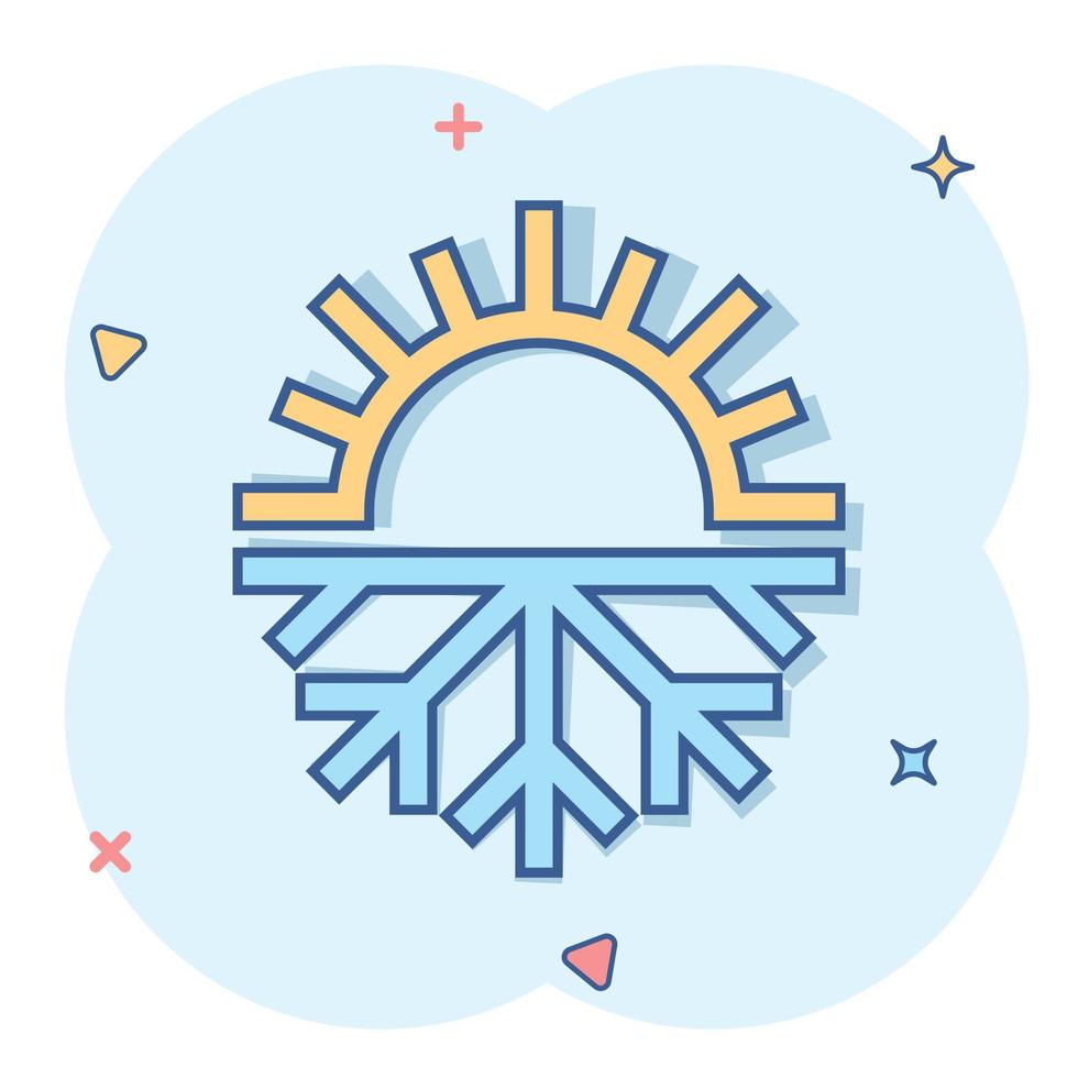 snöflinga och Sol ikon i komisk stil. klimat kontrollera tecknad serie vektor illustration på vit isolerat bakgrund. varm, kall temperatur stänk effekt företag begrepp.