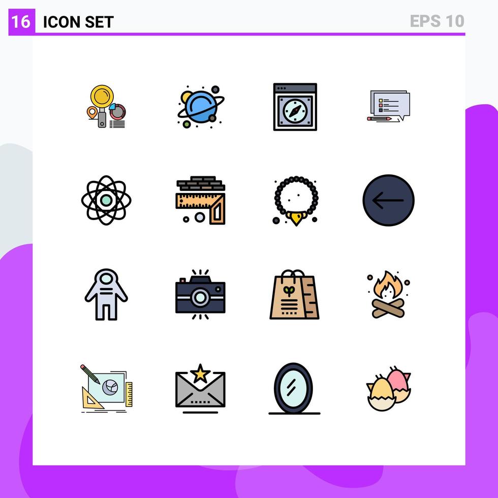 gruppe von 16 flachen farbgefüllten linien zeichen und symbole für atomnachrichtenbrowser sms web editierbare kreative vektordesignelemente vektor