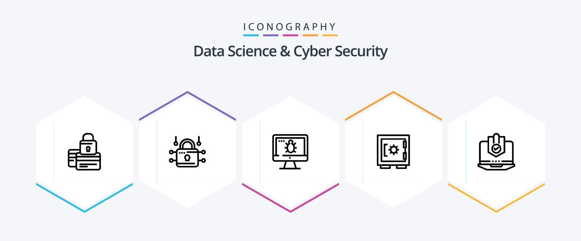 Datenwissenschaft und Cybersicherheit 25-Zeilen-Icon-Pack einschließlich sicher. Schließfach. Sicherheit. sperren. Bildschirm vektor