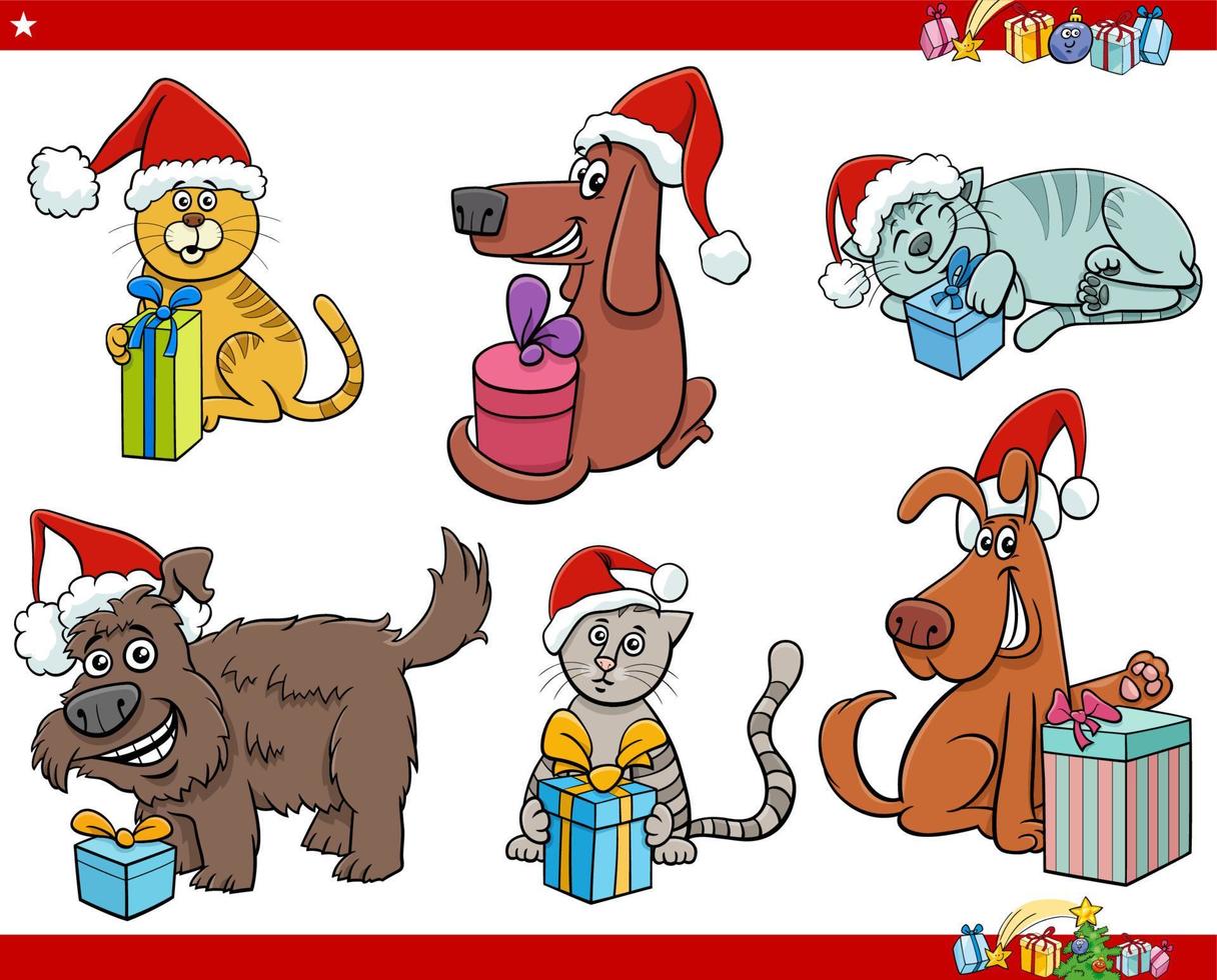 tecknad serie hundar och katter med jul gåvor uppsättning vektor