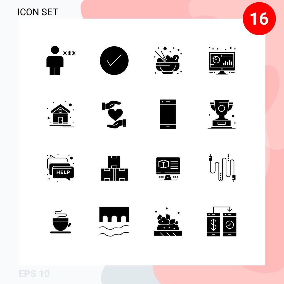16 solides Glyphenkonzept für mobile Websites und Apps pc Computer okay Bar Reis editierbare Vektordesign-Elemente vektor