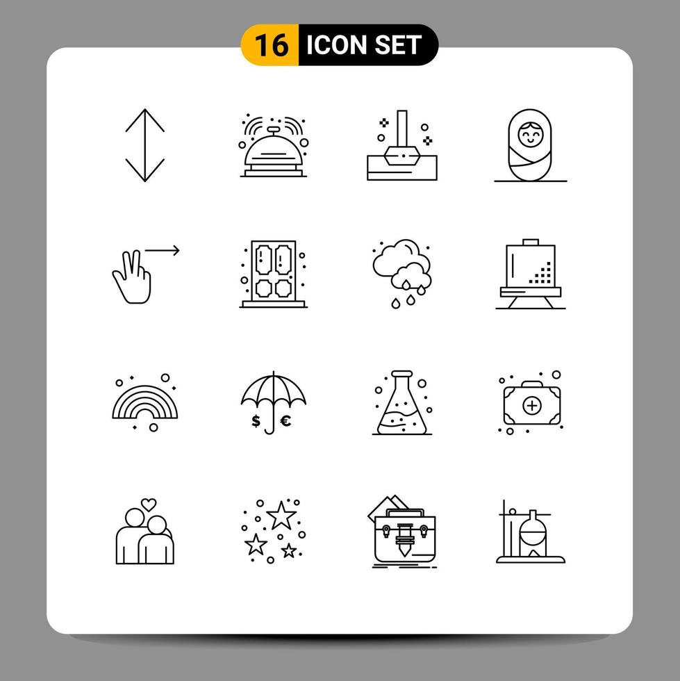 Gruppe von 16 modernen Umrissen, die für Türgesten-Mopp-Finger gesetzt werden Kind editierbare Vektordesign-Elemente vektor