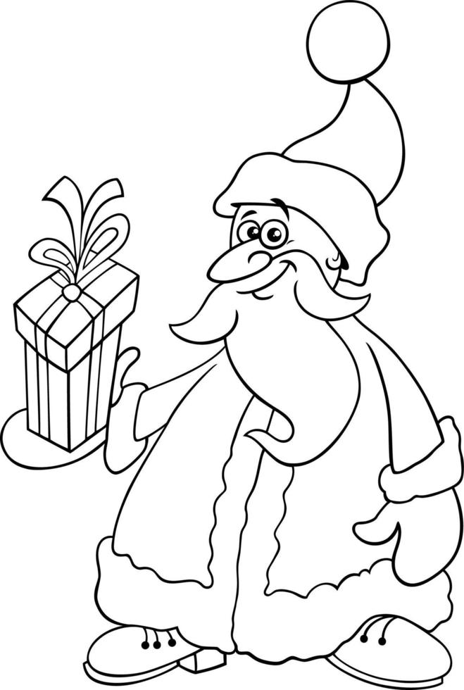 tecknad serie santa claus med gåva på jul färg sida vektor