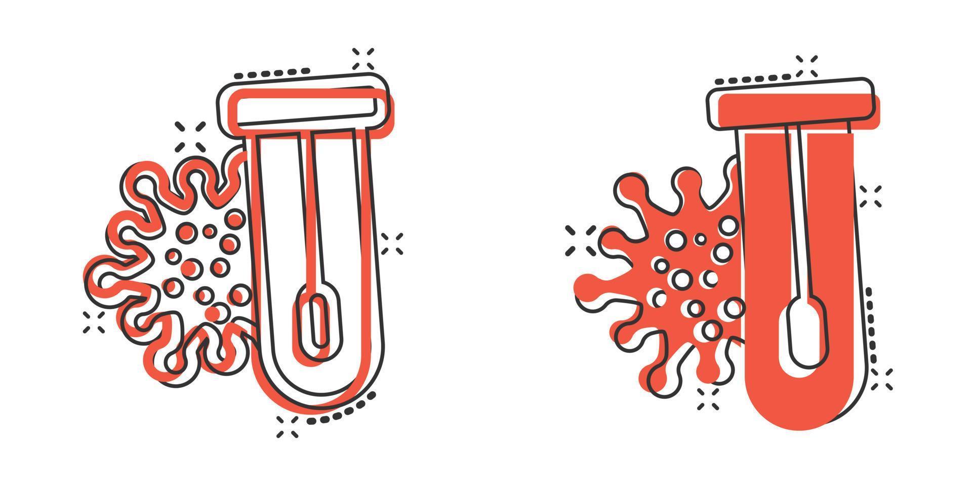 Coronavirus-Testsymbol im Comic-Stil. Covid-19 Cartoon-Vektorillustration auf isoliertem Hintergrund. Geschäftskonzept für medizinische diagnostische Splash-Effekt-Zeichen. vektor