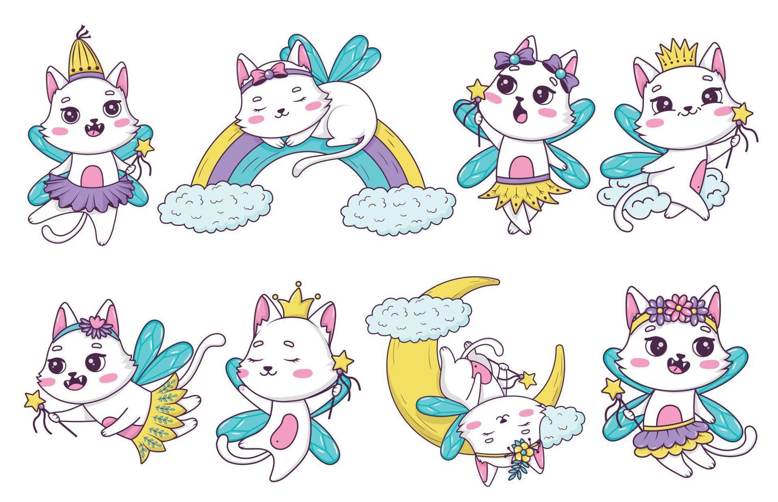 Bündel von gezeichneten niedlichen Cartoon-Katzenfeen mit einem Zauberstab in verschiedenen Posen im Doodle-Stil vektor